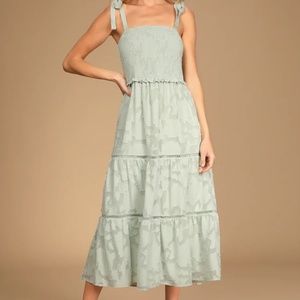 Lulu’s Float to Love Mint Jacquard Smocked Tie-Strap Midi Dress